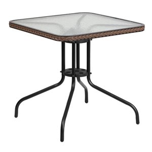 flash furniture contemporary glass top rattan edge patio dining table in dark brown and black