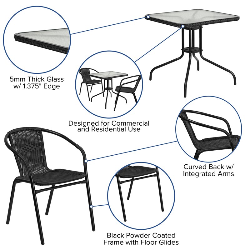 Flash Furniture 3 Piece Square Patio Dining Set in Black
