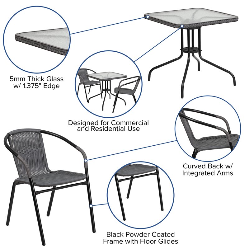 Flash Furniture 3 Piece Square Patio Dining Set in Black and Gray