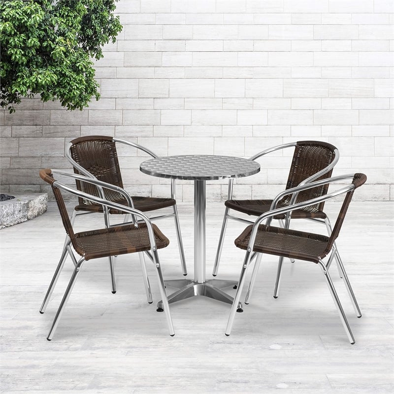 Flash Furniture 5 Piece Round Patio Bistro Set in Aluminum and Brown