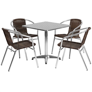 Flash Furniture 5 Piece Square Patio Dining Set in Aluminum and Brown