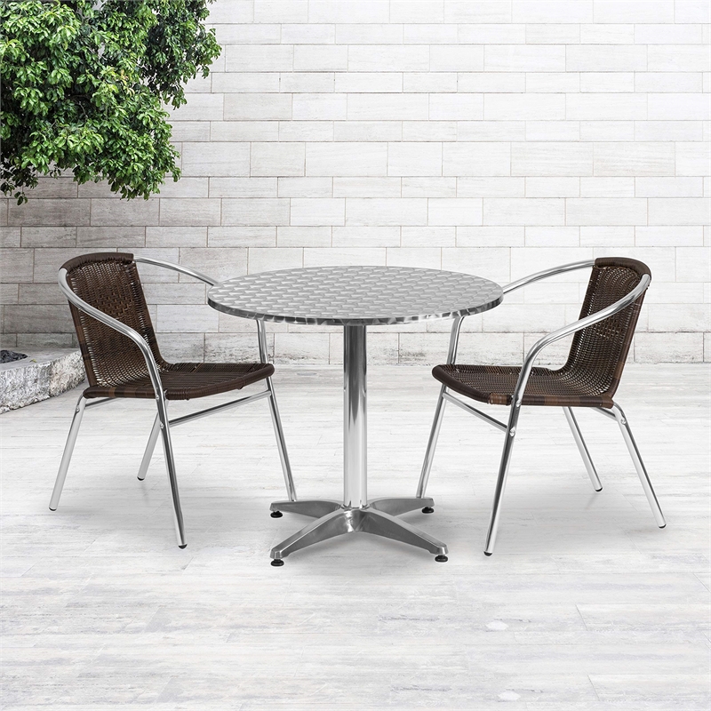 Flash Furniture 3 Piece Round Patio Dining Set in Aluminum and Brown