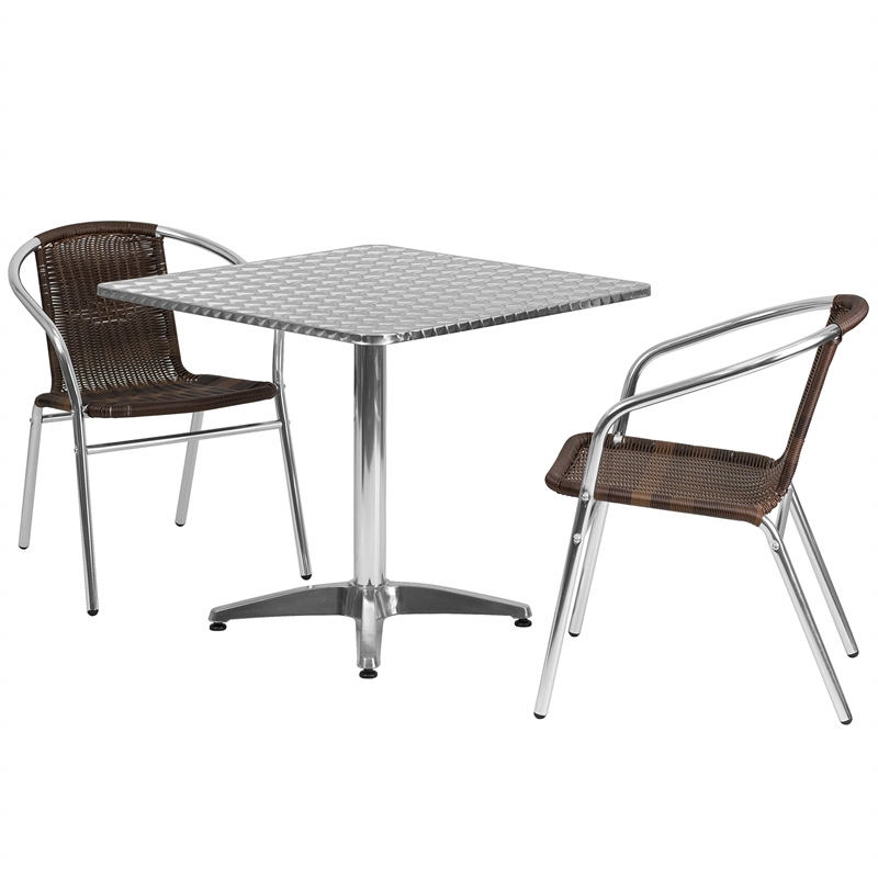 Flash Furniture 3 Piece Square Patio Dining Set in Aluminum and Brown