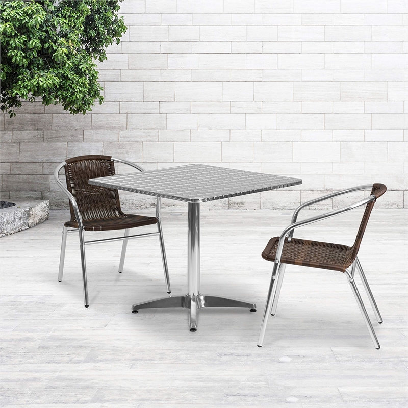Flash Furniture 3 Piece Square Patio Dining Set in Aluminum and Brown