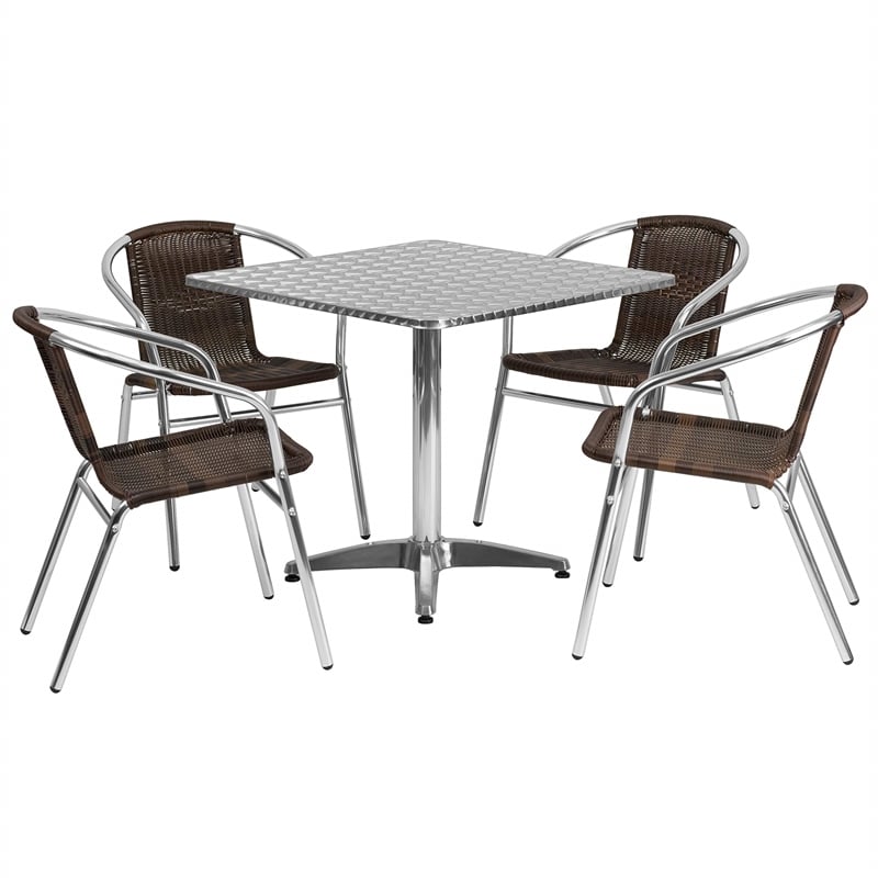 Flash Furniture 5 Piece Square Patio Dining Set in Aluminum and Brown