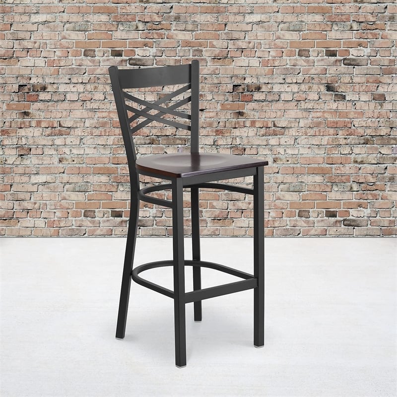 Flash Furniture Metal Restaurant Bar Stool in Black and Walnut