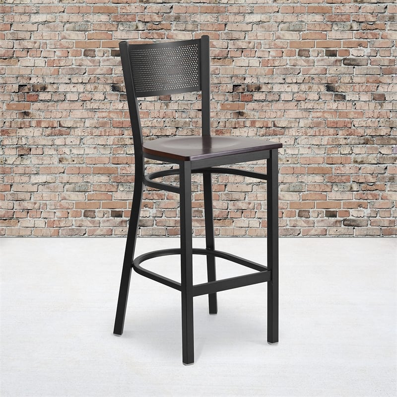 Flash Furniture Metal Restaurant Bar Stool in Black and Walnut