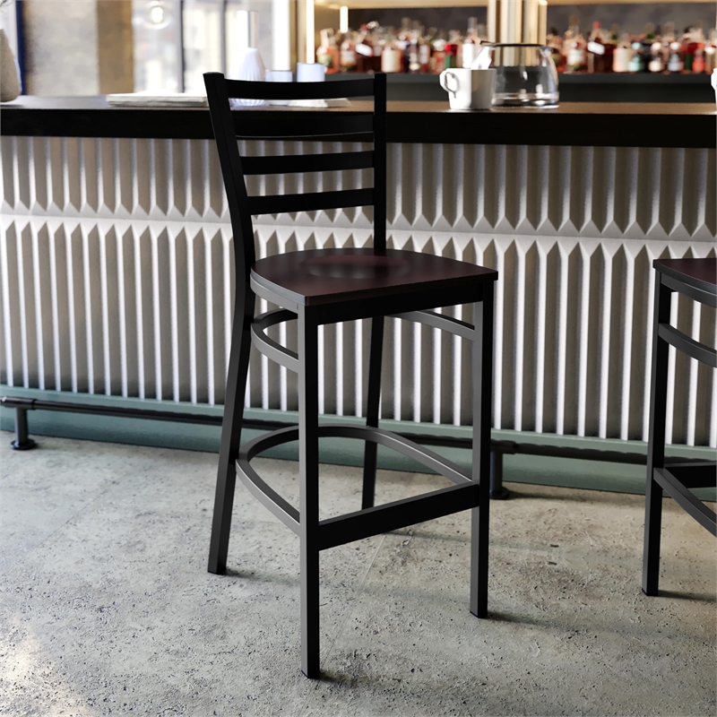 Flash Furniture Metal Restaurant Bar Stool in Black and Walnut