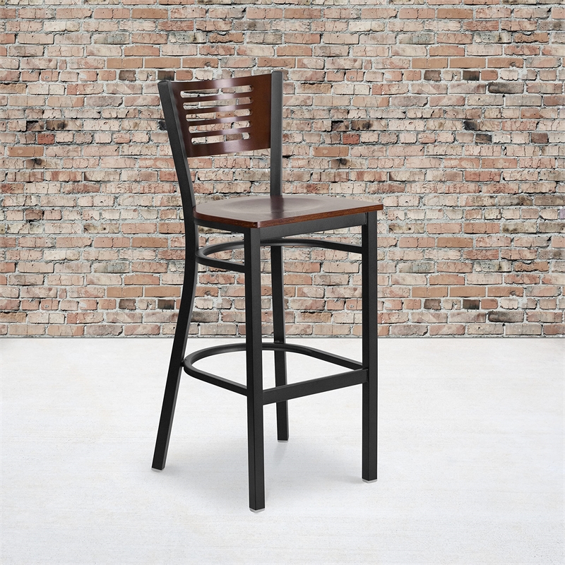 Flash Furniture Metal Restaurant Bar Stool in Black and Walnut