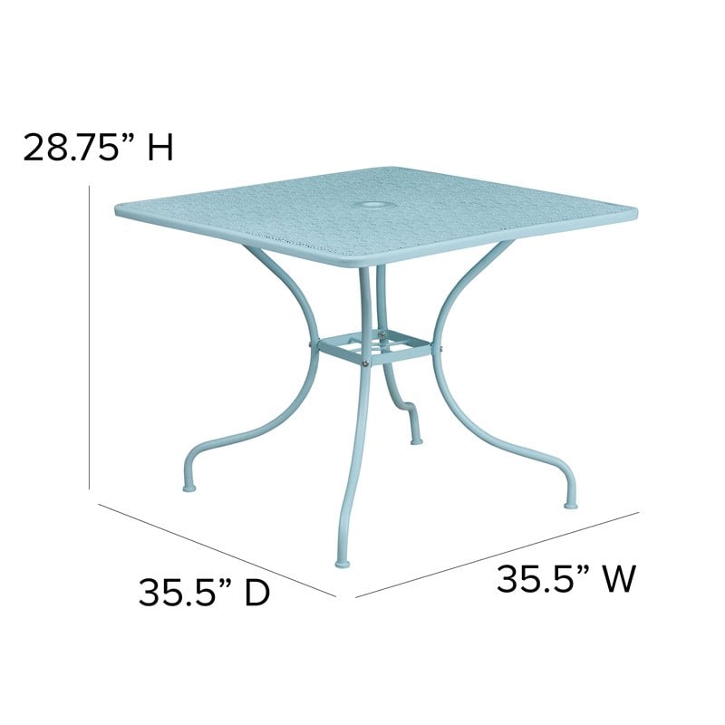flash furniture 35.5&quot square steel flower print patio dining table in sky blue