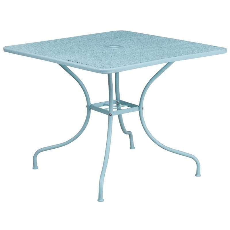 Flash Furniture 35.5&quot Square Steel Flower Print Patio Dining Table in Sky Blue