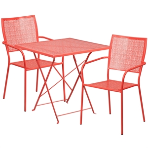 Flash Furniture 3 Piece 28&quot Square Steel Flower Print Patio Dining Set in Red