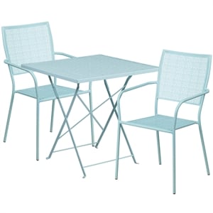 Flash Furniture 3 Piece 28&quot Square Steel Flower Print Patio Dining Set in Blue
