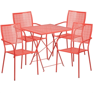 Flash Furniture 5 Piece 28&quot Square Steel Flower Print Patio Dining Set in Red