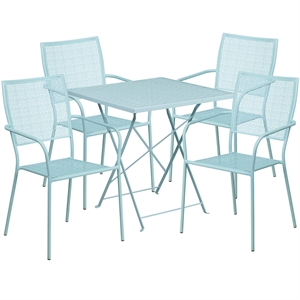 Flash Furniture 5 Piece 28&quot Square Steel Flower Print Patio Dining Set in Blue