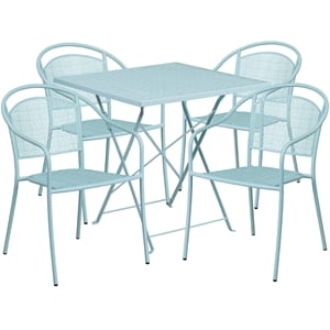 Flash Furniture 5 Piece 28&quot Square Steel Flower Print Patio Dining Set in Blue