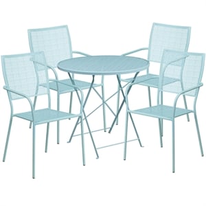 Flash Furniture 5 Piece 30&quot Round Steel Flower Print Patio Dining Set in Silver