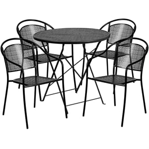 Flash Furniture 5 Piece 30&quot Round Steel Flower Print Patio Dining Set in Silver