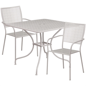 Flash Furniture 3 Piece 28&quot Square Steel Flower Print Patio Dining Set in Silver