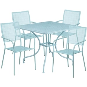 Flash Furniture 5 Piece 28&quot Square Steel Flower Print Patio Dining Set in Blue
