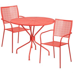 Flash Furniture 3 Piece 35&quot Round Steel Flower Print Patio Dining Set in Red