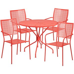 Flash Furniture 5 Piece 35&quot Round Steel Flower Print Patio Dining Set in Red