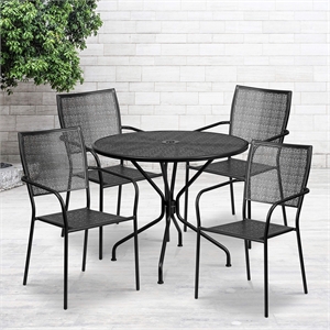 Flash Furniture 5 Piece 35&quot Round Steel Flower Print Patio Dining Set in Silver