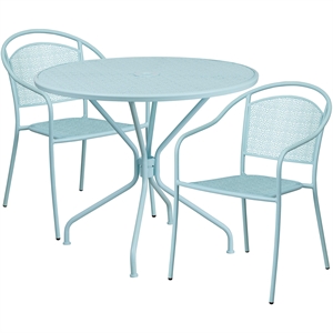 Flash Furniture 3 Piece 35&quot Round Steel Flower Print Patio Dining Set in Blue