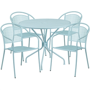 Flash Furniture 5 Piece 35&quot Round Steel Flower Print Patio Dining Set in Blue
