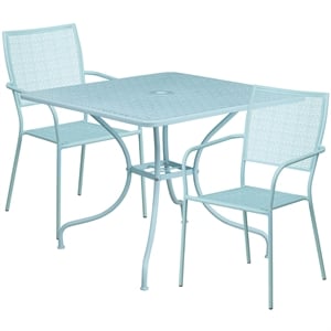 Flash Furniture 3 Piece 36&quot Square Steel Flower Print Patio Dining Set in Blue