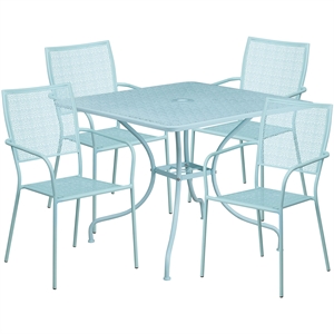 Flash Furniture 5 Piece 36&quot Square Steel Flower Print Patio Dining Set in Blue
