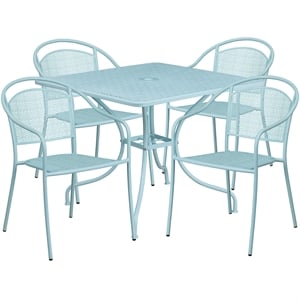 Flash Furniture 5 Piece 36&quot Square Steel Flower Print Patio Dining Set in Blue