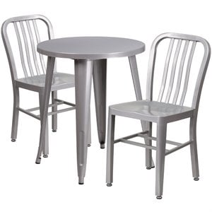 flash furniture retro modern steel dining set in silver with vertical slat back side chairs