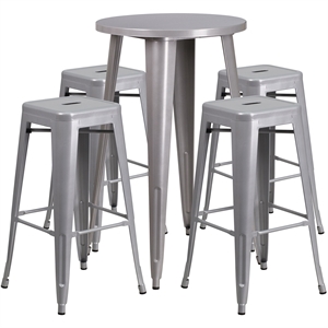 Flash Furniture 5 Piece 24&quot Round Metal Pub Set in Silver