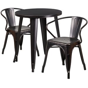 flash furniture retro modern steel dining set in black and antique gold with curved back arm chairs