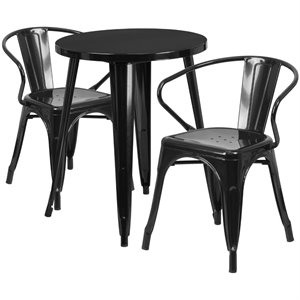 flash furniture retro modern galvanized steel dining set in black with curved back arm chairs