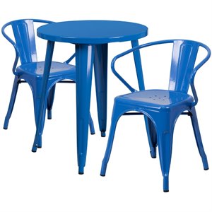 flash furniture retro modern galvanized steel dining set in blue with curved back arm chairs