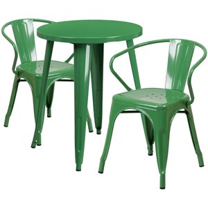 flash furniture retro modern galvanized steel dining set in green with curved back arm chairs