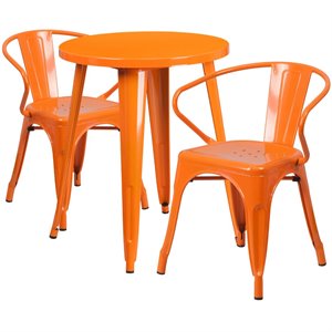 flash furniture retro modern galvanized steel dining set in orange with curved back arm chairs