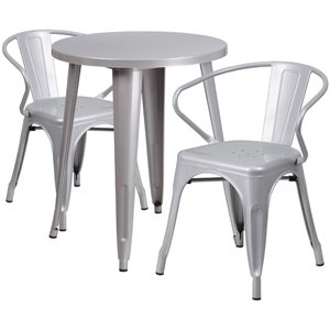 flash furniture retro modern galvanized steel dining set in silver with curved back arm chairs