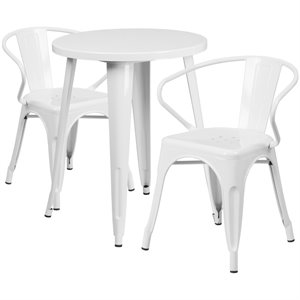 flash furniture retro modern galvanized steel dining set in white with curved back arm chairs