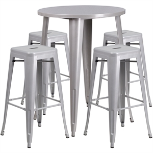 Flash Furniture 5 Piece 30&quot Round Metal Pub Set in Silver
