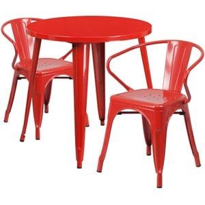 flash furniture retro modern galvanized steel dining set in red with curved back arm chairs