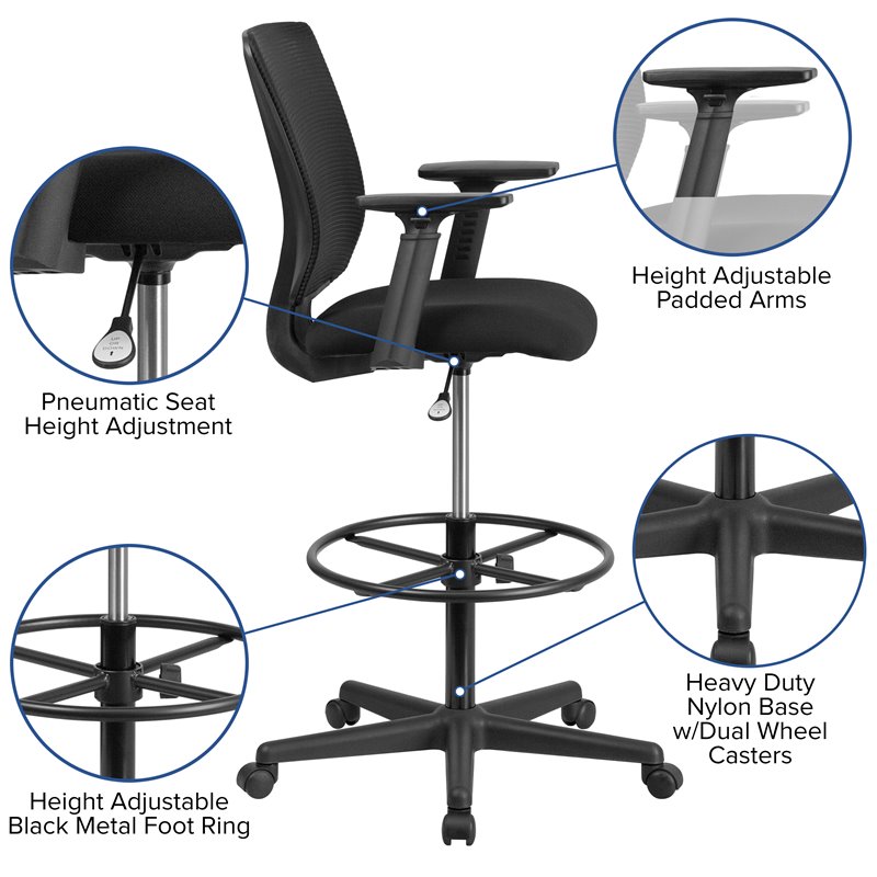 Flash Furniture Ergonomic Mid Back Mesh Swivel Drafting Stool in Black