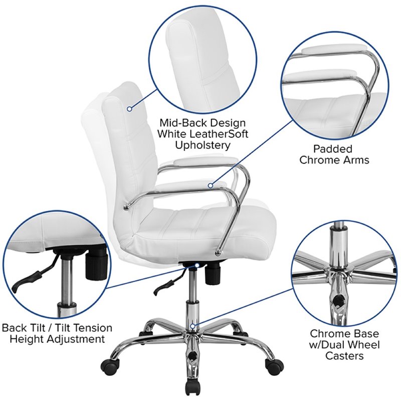 Flash Furniture Mid Back LeatherSoft Office Swivel Chair in White and Chrome