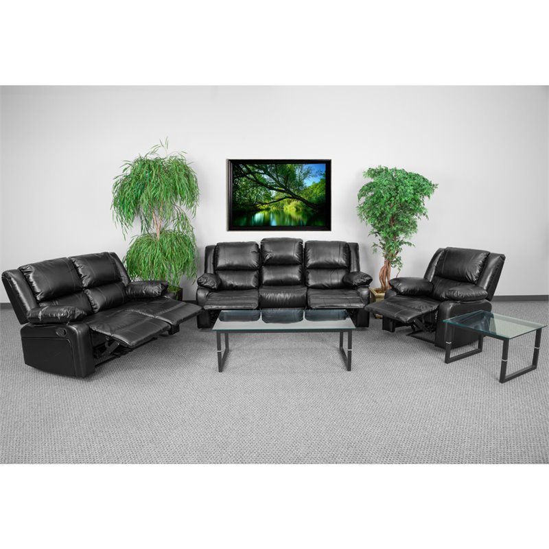Flash Furniture Harmony 3 Piece Leather Reclining Sofa Set in Black