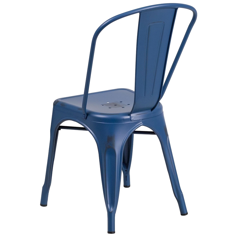 Flash Furniture Metal Curved Slat Back Dining Side Chair in Distressed Blue