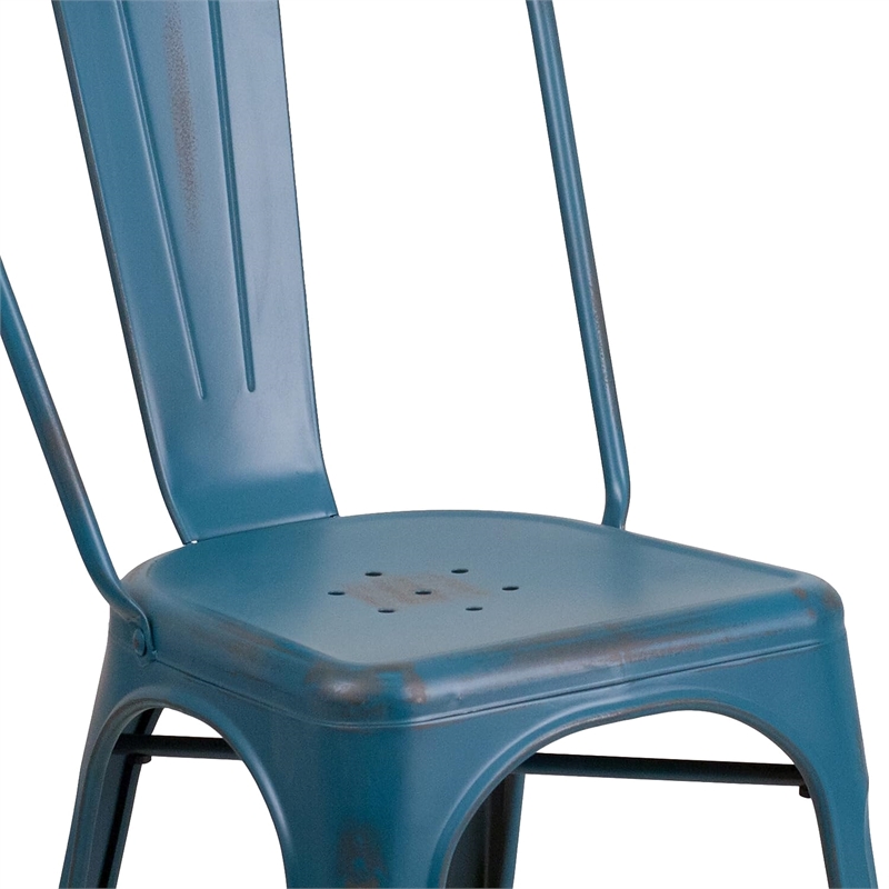 Flash Furniture Metal Curved Slat Back Dining Side Chair in Distressed Blue