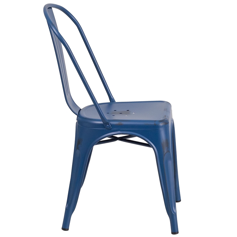 Flash Furniture Metal Curved Slat Back Dining Side Chair in Distressed Blue