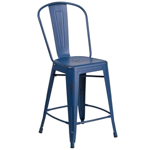 Flash Furniture 24&quot Metal Curved Slat Back Counter Stool in Distressed Blue